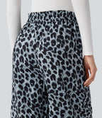 Pantalon large et fluide à imprimé léopard, taille haute avec cordon de serrage et poches latérales