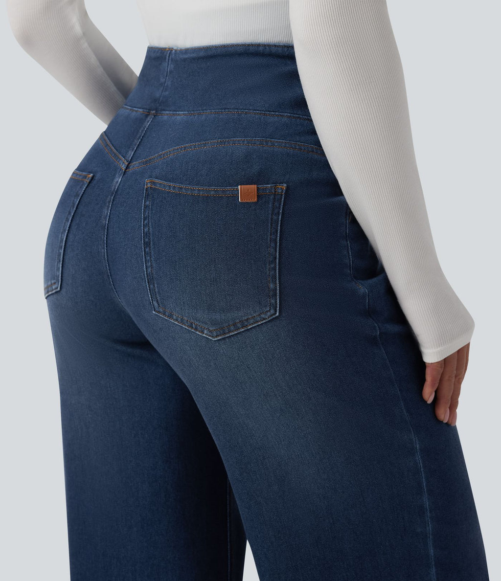 Halara Flex™ Jean large casual taille haute ventre plat, en lyocell drapé effet délavé, avec poches