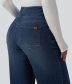 Halara Flex™ Jean large casual taille haute ventre plat, en lyocell drapé effet délavé, avec poches