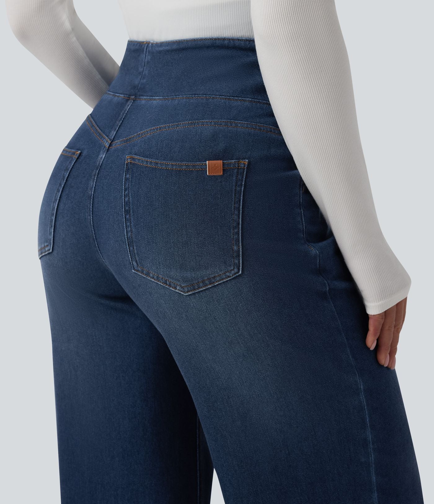 Halara Flex™ Jean large casual taille haute ventre plat, en lyocell drapé effet délavé, avec poches