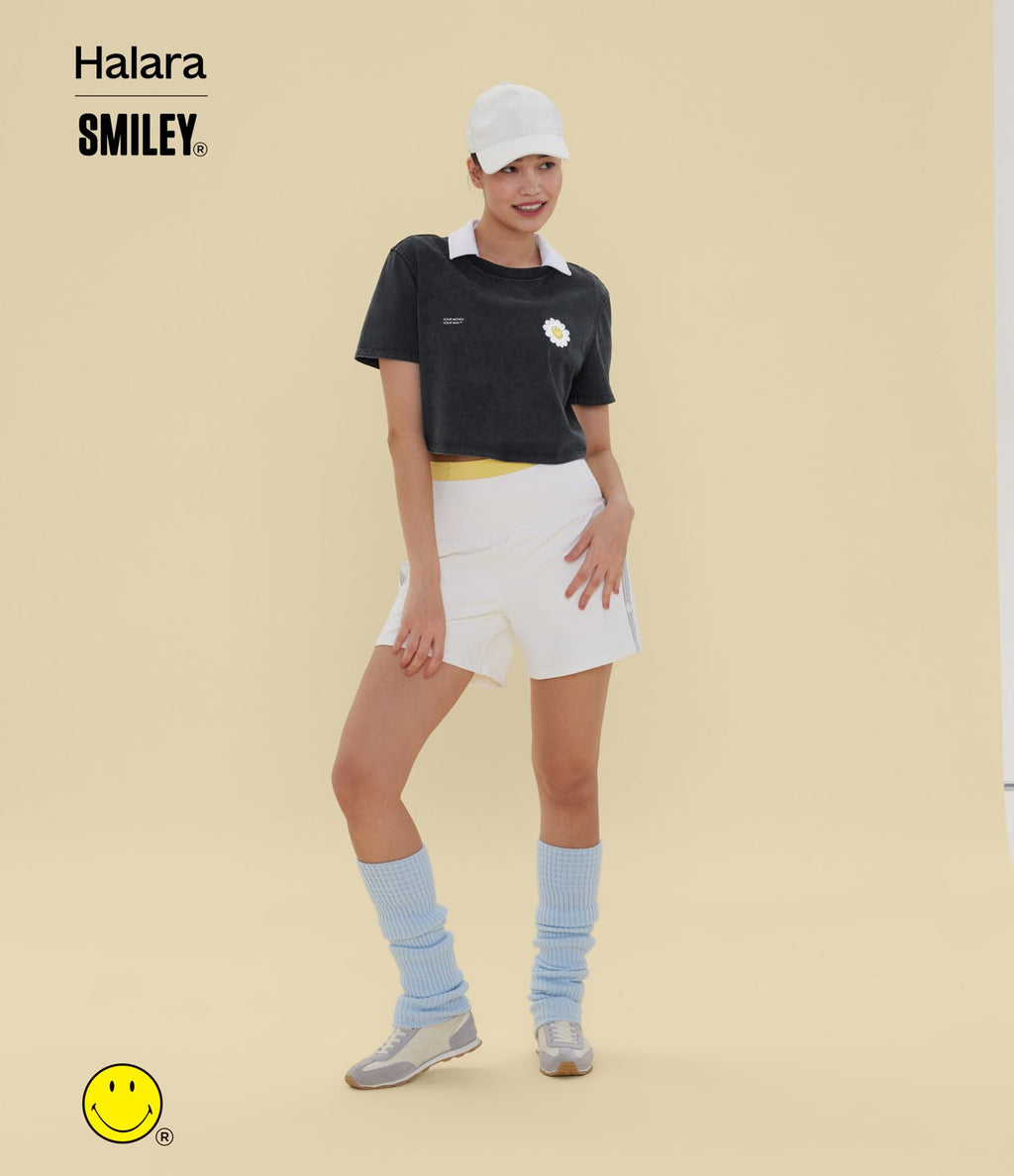 T-shirt casual en coton délavé Halara X Smiley® col rond à manches courtes