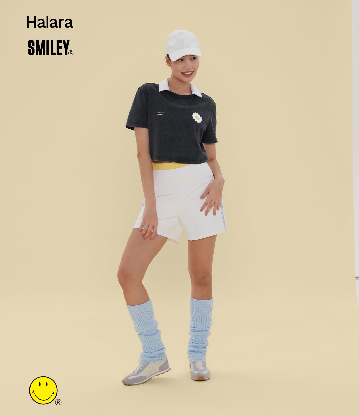 T-shirt casual en coton délavé Halara X Smiley® col rond à manches courtes