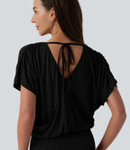 Robe micro mini moulante décontractée col V manches courtes dos noué