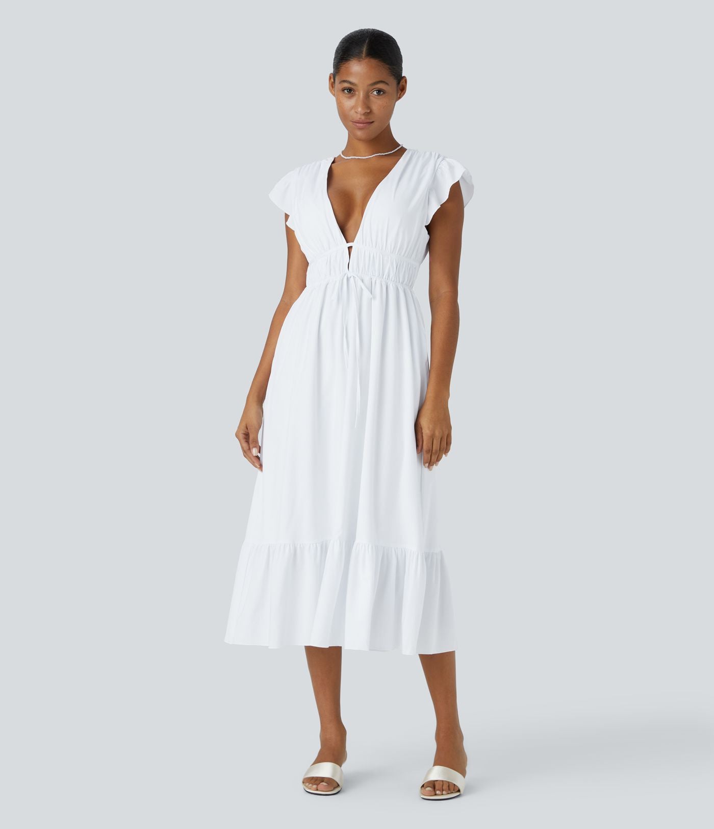 Breezeful™ Robe Midi Séchage Rapide Demoiselle d'Honneur et Invitée de Mariage Encolure en V Profond Manches Papillon Dos Nu Nœud Poches Latérales Ourlet à Volants