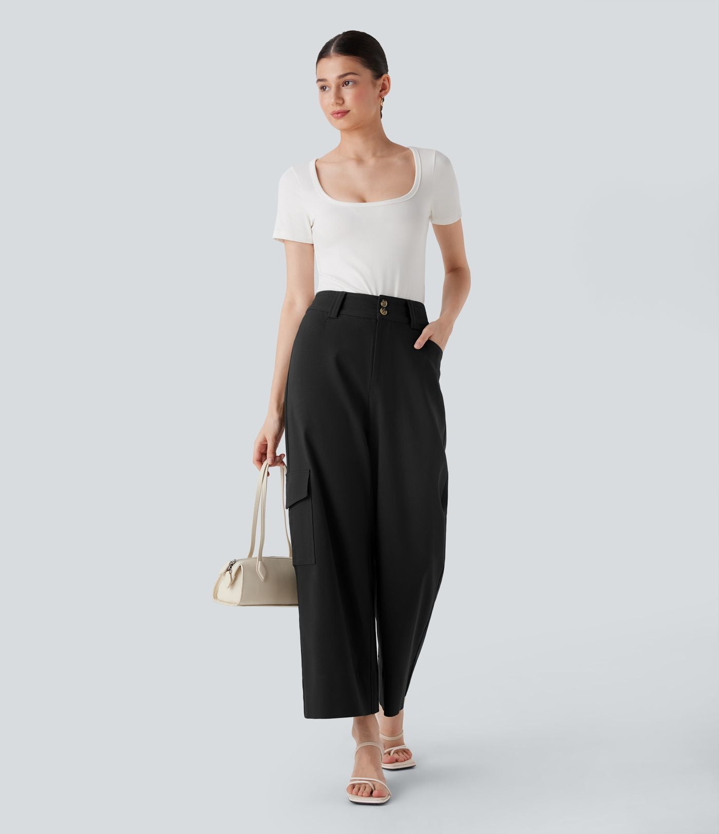 Pantalon cargo de travail taille haute coupe droite avec poches multiples