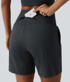 Short yoga 2-en-1 à rayures taille super haute 17,5 cm avec poches