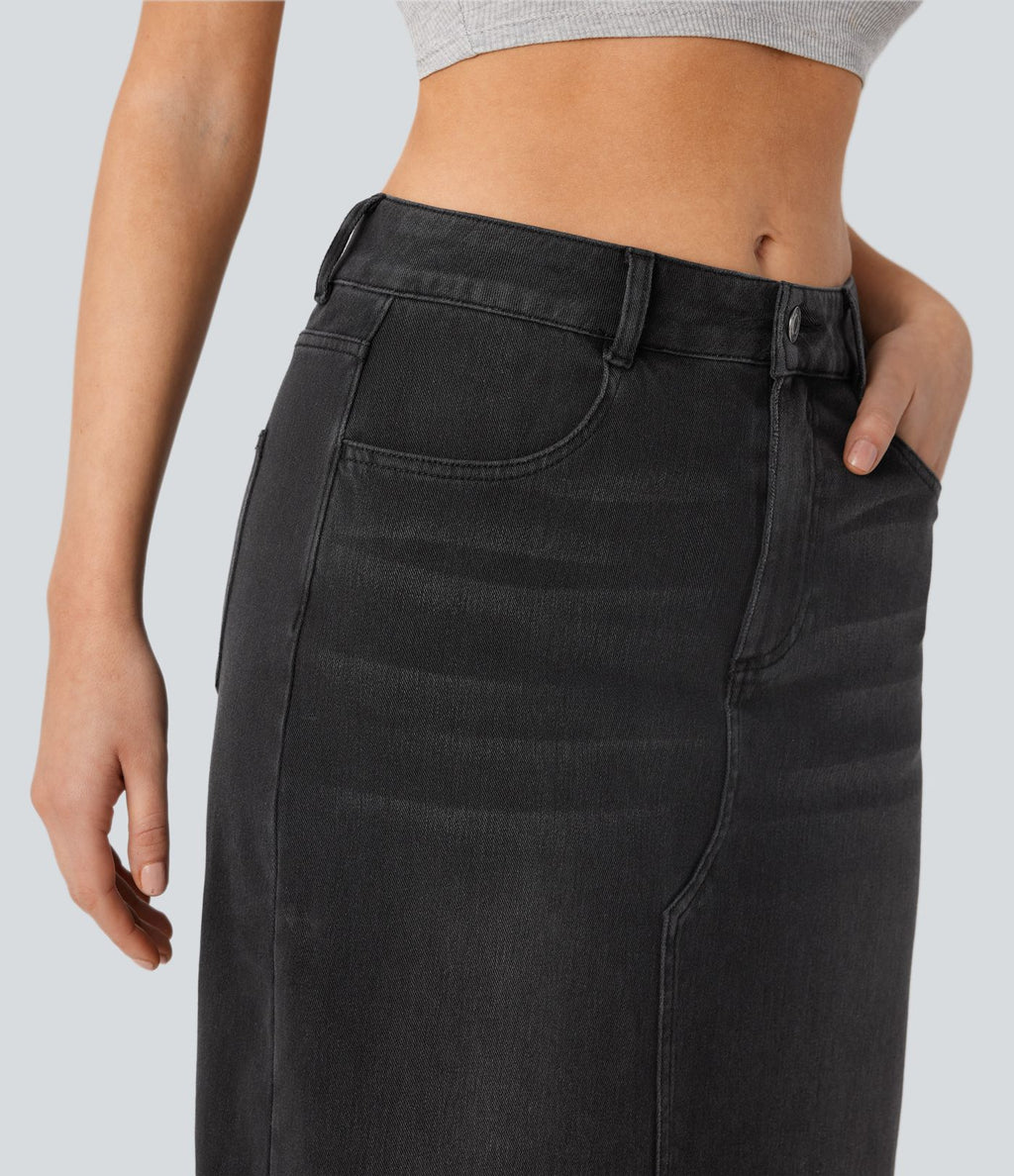 Halara Flex™ Jupe en Jean longue décontractée extensible délavé taille moyenne avec fente et multiples poches