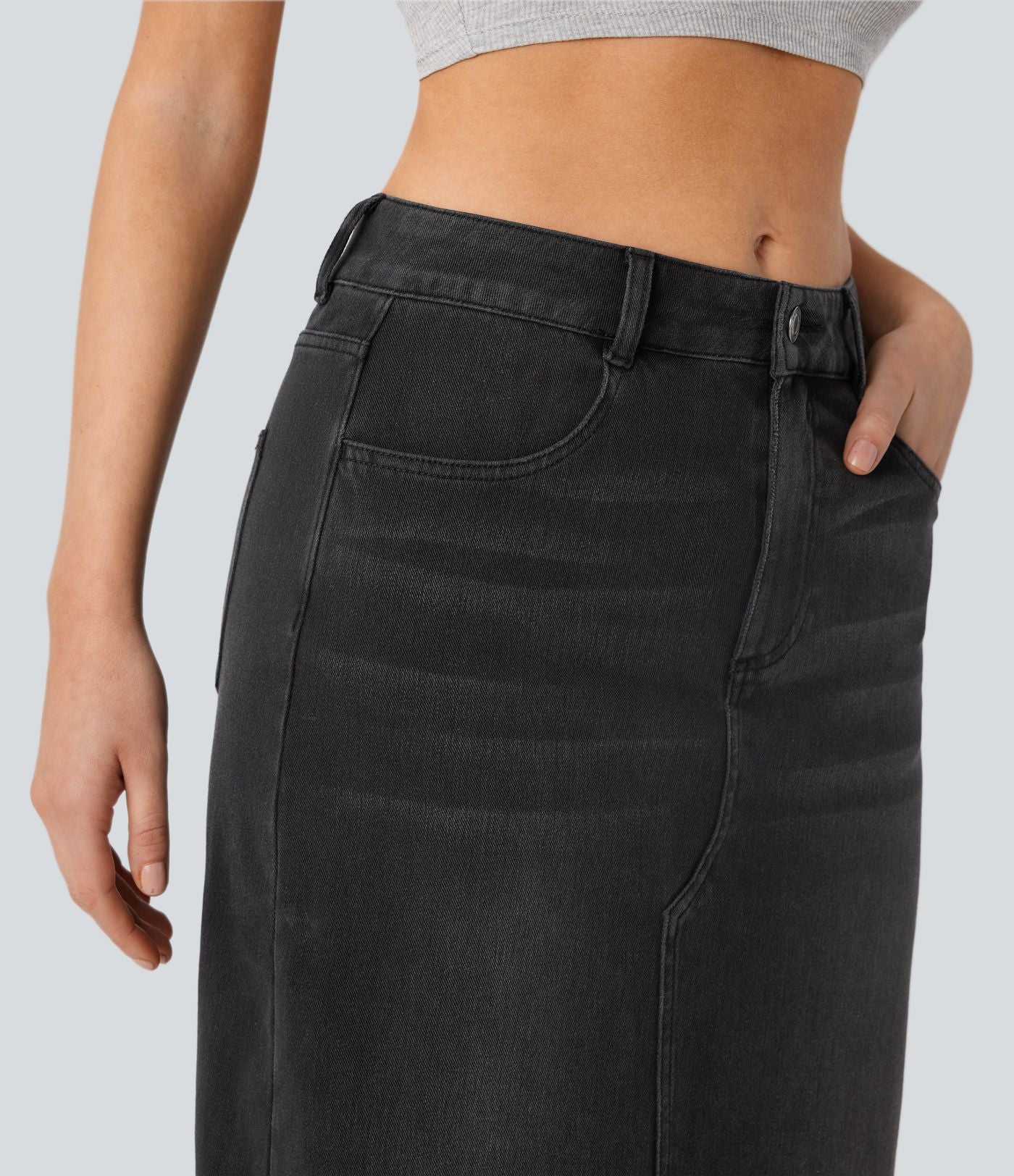 Halara Flex™ Jupe en Jean longue décontractée extensible délavé taille moyenne avec fente et multiples poches