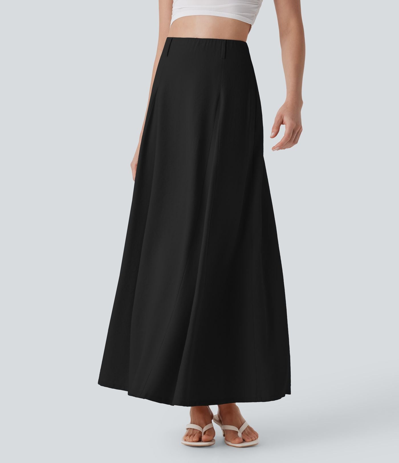 Jupe longue évasée à taille haute avec fermeture éclair invisible, aspect lin