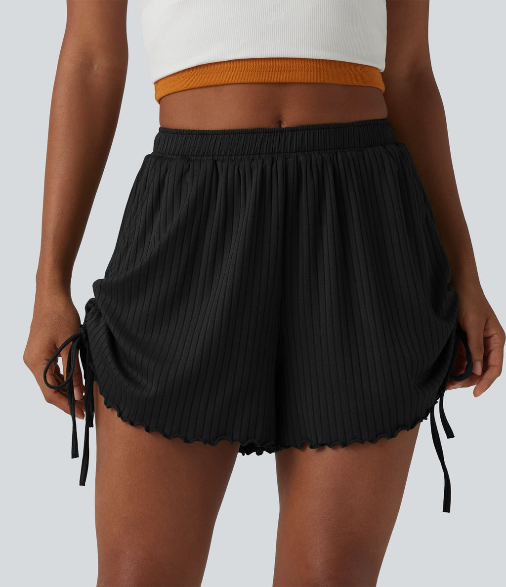 Short en maille côtelée taille mi-haute à cordon de serrage et ourlet ondulé 10 cm avec poches