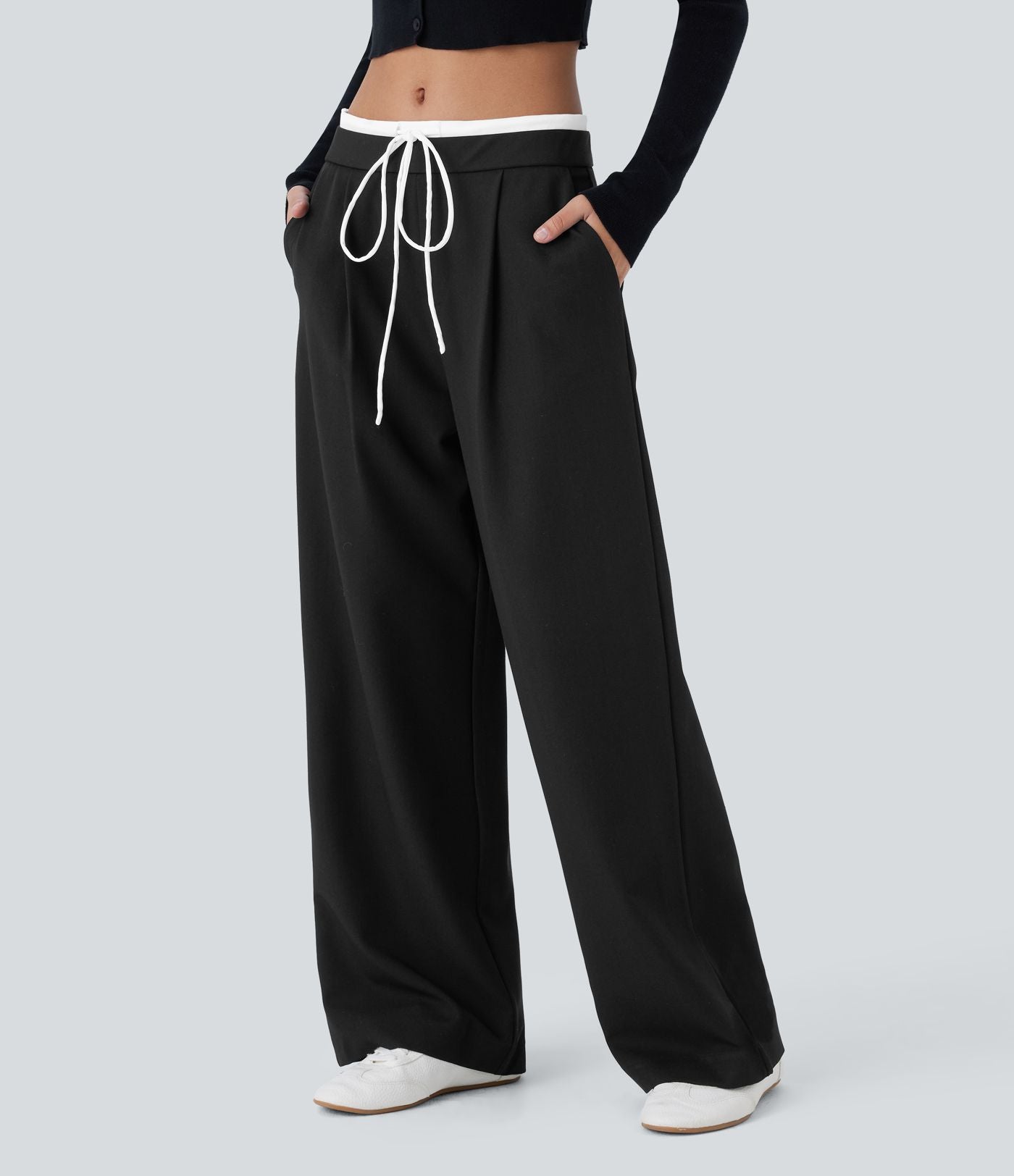 Pantalon décontracté jambe large bicolore double épaisseur, taille basse avec poches latérales