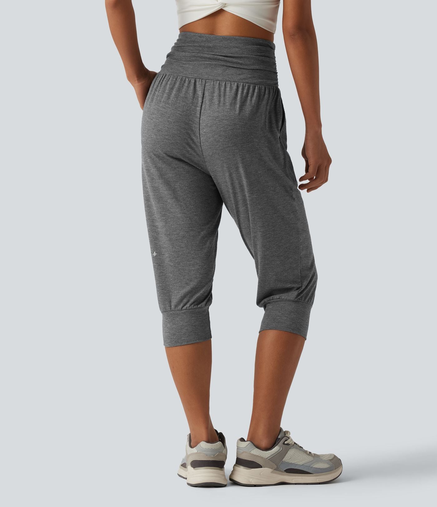 Jogging yoga corsaire chiné taille haute à fronces avec poches