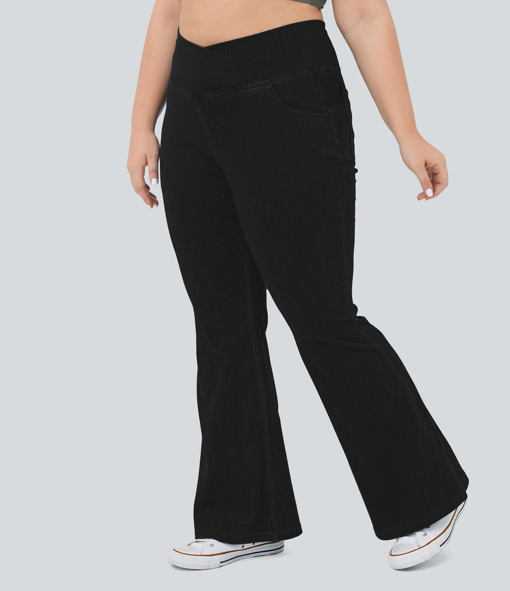 Jean super évasé Halara Flex™ grande taille en maille denim extensible délavée taille haute avec poches croisées effet frais InstantCool respirant