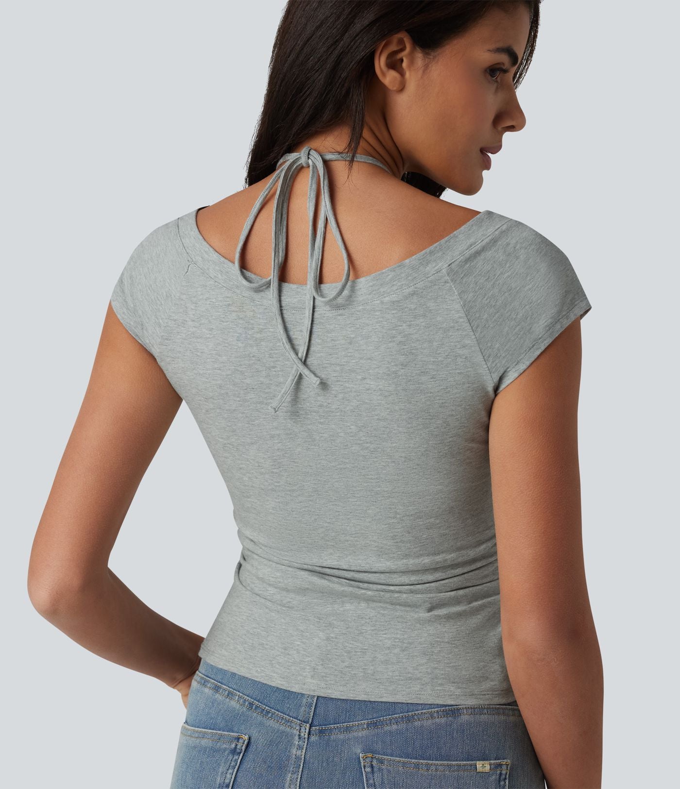 Halara T-shirt casual 2 en 1 en jersey de coton manches courtes dos noué froncé