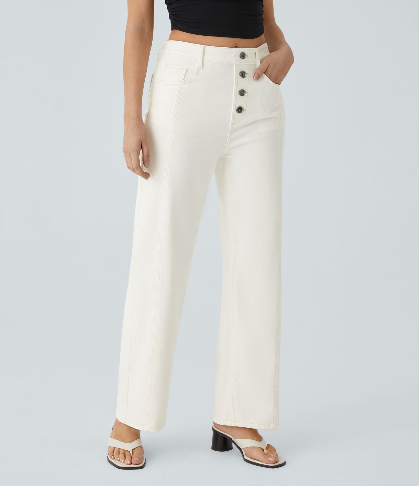 Jean Droit Casual Style Boyfriend Tricot Extensible Droite Taille Haute Avec Boutons Décoratifs Poches Multiples