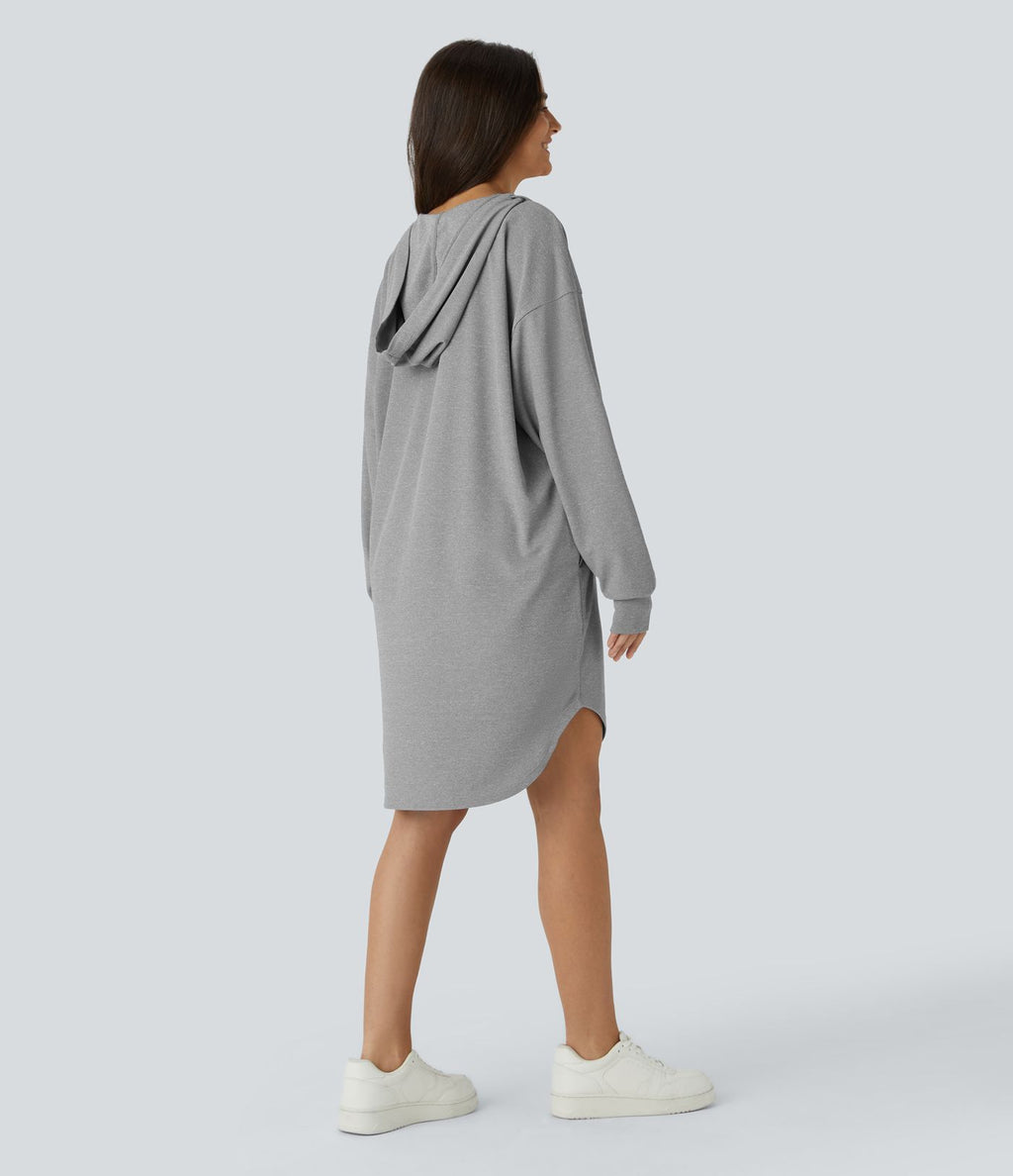 Robe Sweatshirt Casual à Capuche avec Cordon Poches Latérales Ourlet Courbé Asymétrique Oversize Mini en Tissu Gaufré