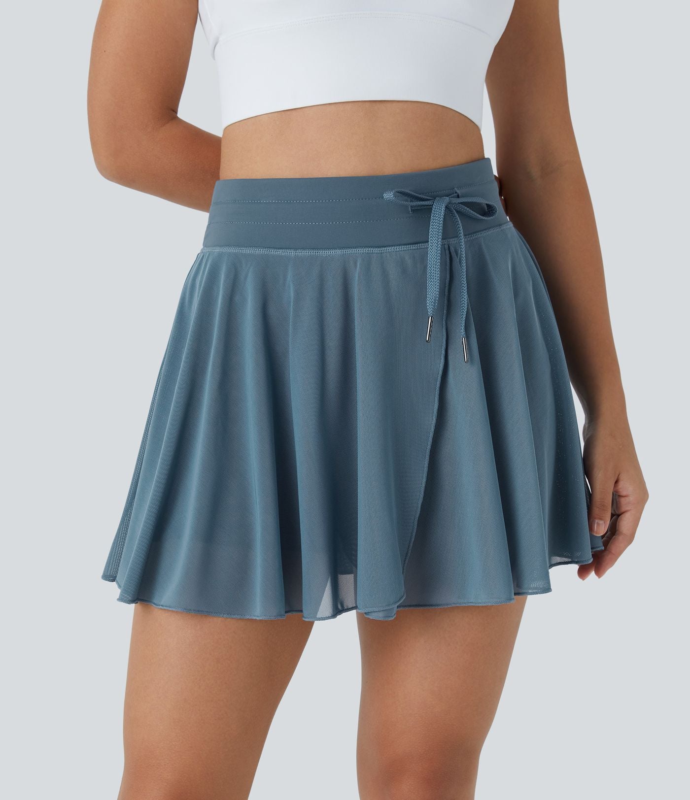 Jupe Casual Évasée Fluide 2 en 1 en Maille Contrastée Taille Haute Cordon de Serrage Poche Latérale