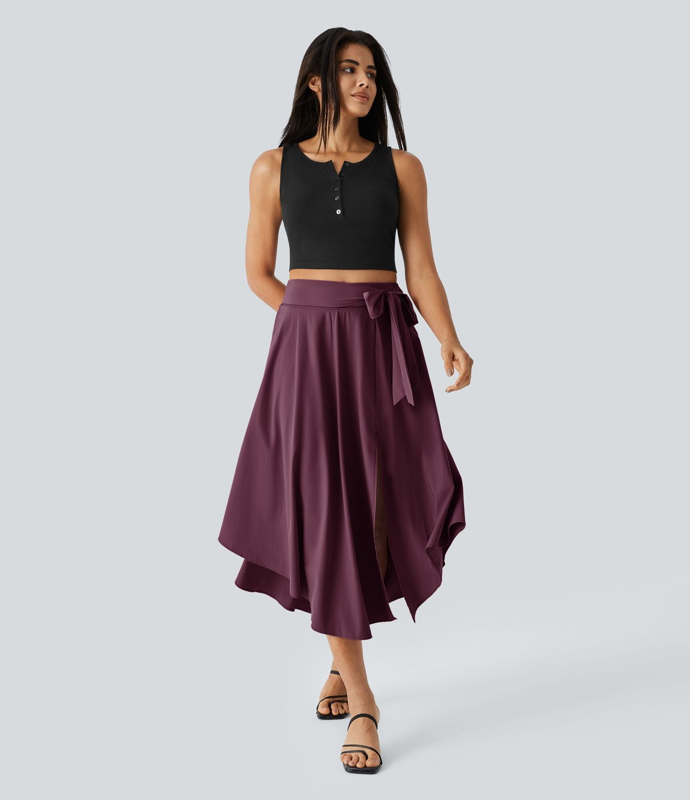 Breezeful™ Jupe Taille Haute Casual Midi Séchage Rapide Fluide Fentes Latérales Nouées 2 en 1