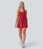 Softlyzero™ Airy Robe de danse courte évasée dos-nu 2-en-1 avec dos nageur, bretelles ajustables et poches latérales - Édition Easy Peasy