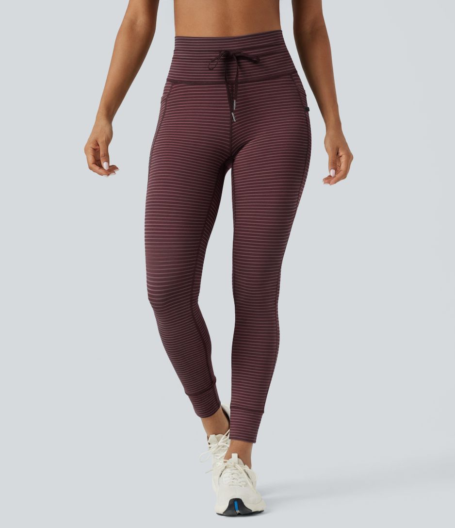 Legging de yoga rayé taille haute avec cordon de serrage et poches