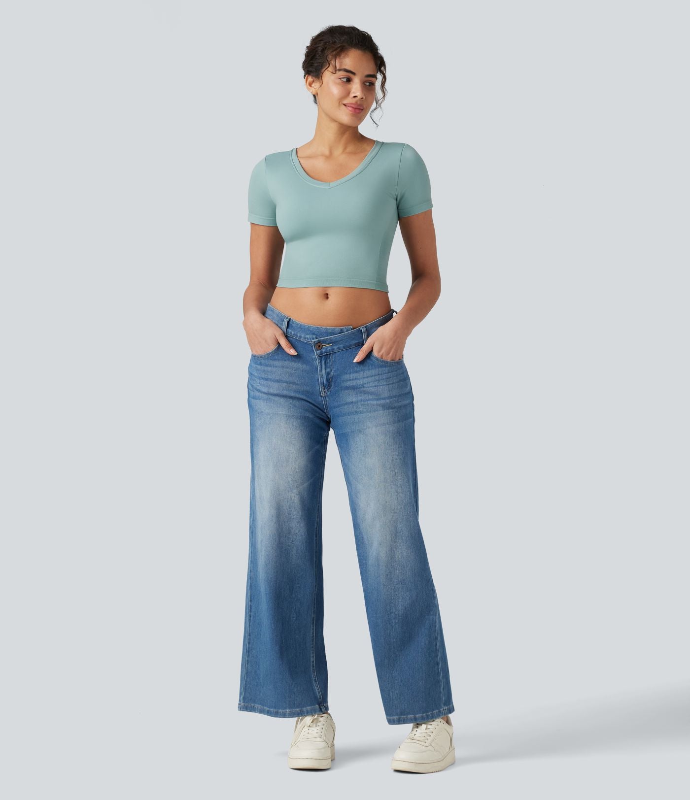 Haut de yoga court OneForm Seamless Flow col V à manches courtes avec brassière intégrée