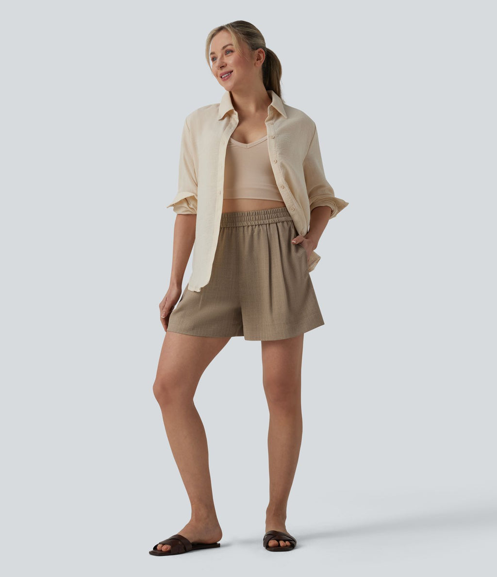 Short décontracté aspect lin taille haute avec poches