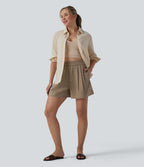Short décontracté aspect lin taille haute avec poches