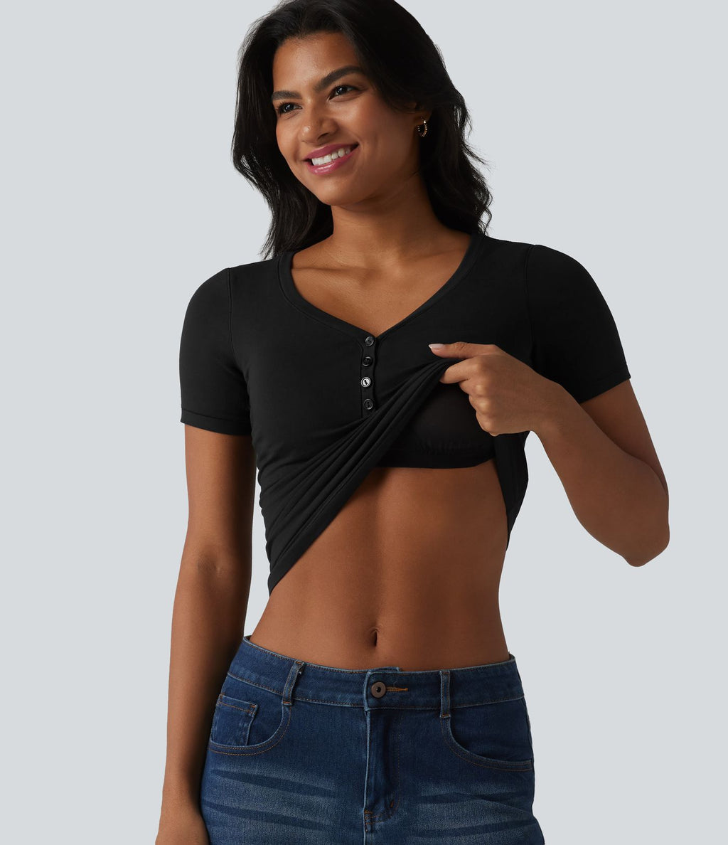 Halara T-shirt décontracté en jersey de coton, col V, manches courtes, brassière intégrée, bonnets B-DD