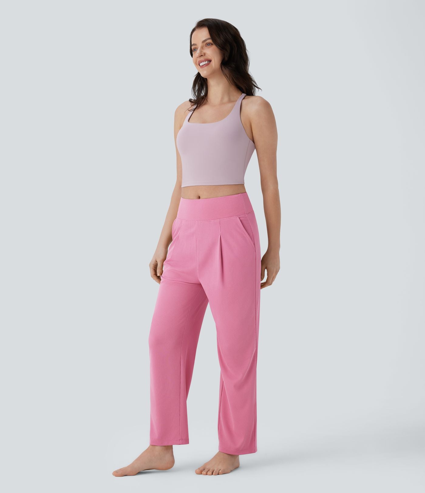 Pantalon de yoga droit en maille gaufrée, taille mi-haute, avec poche