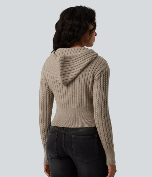 Cardigan décontracté à capuche et fermeture éclair en maille torsadée