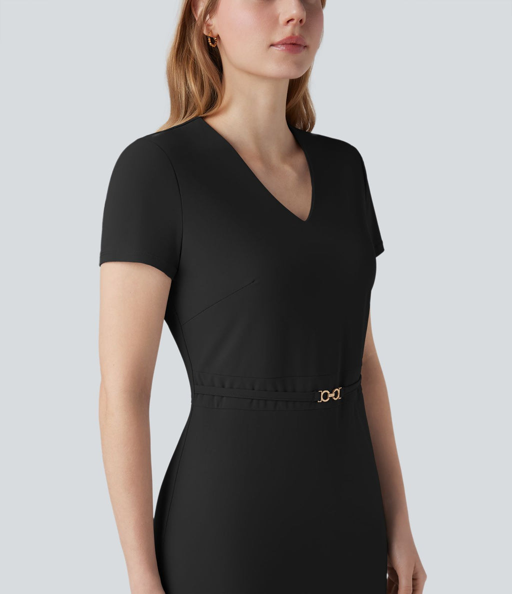 Robe de travail mi-longue anti-froissage à col V et manches courtes