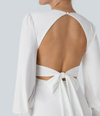 Robe longue de demoiselle d'honneur et invitée de mariage, col V, dos nu, liens à nouer, boutons et manches évasées