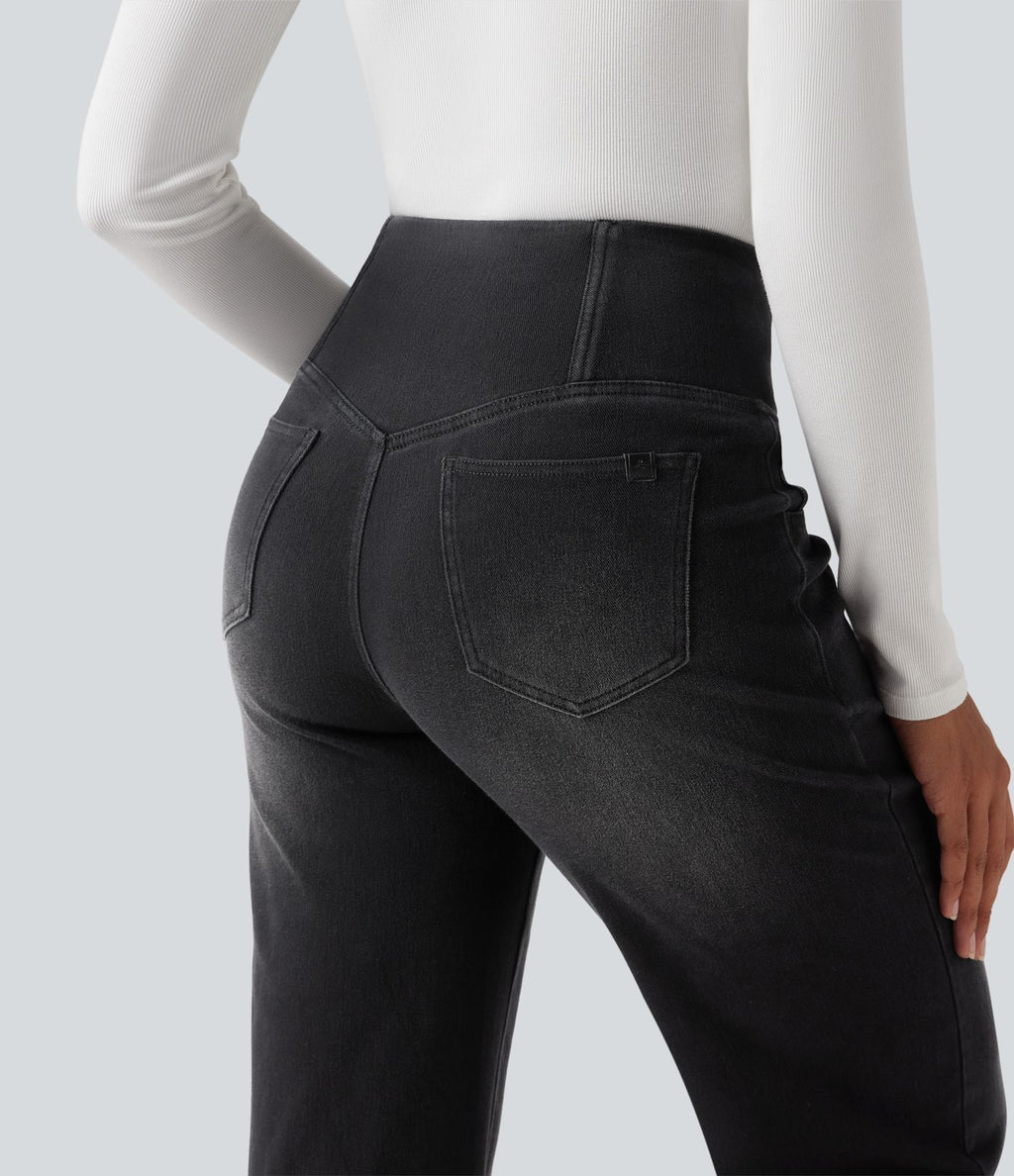 Jean droit décontracté croisé gainant taille haute avec poches Halara Flex™