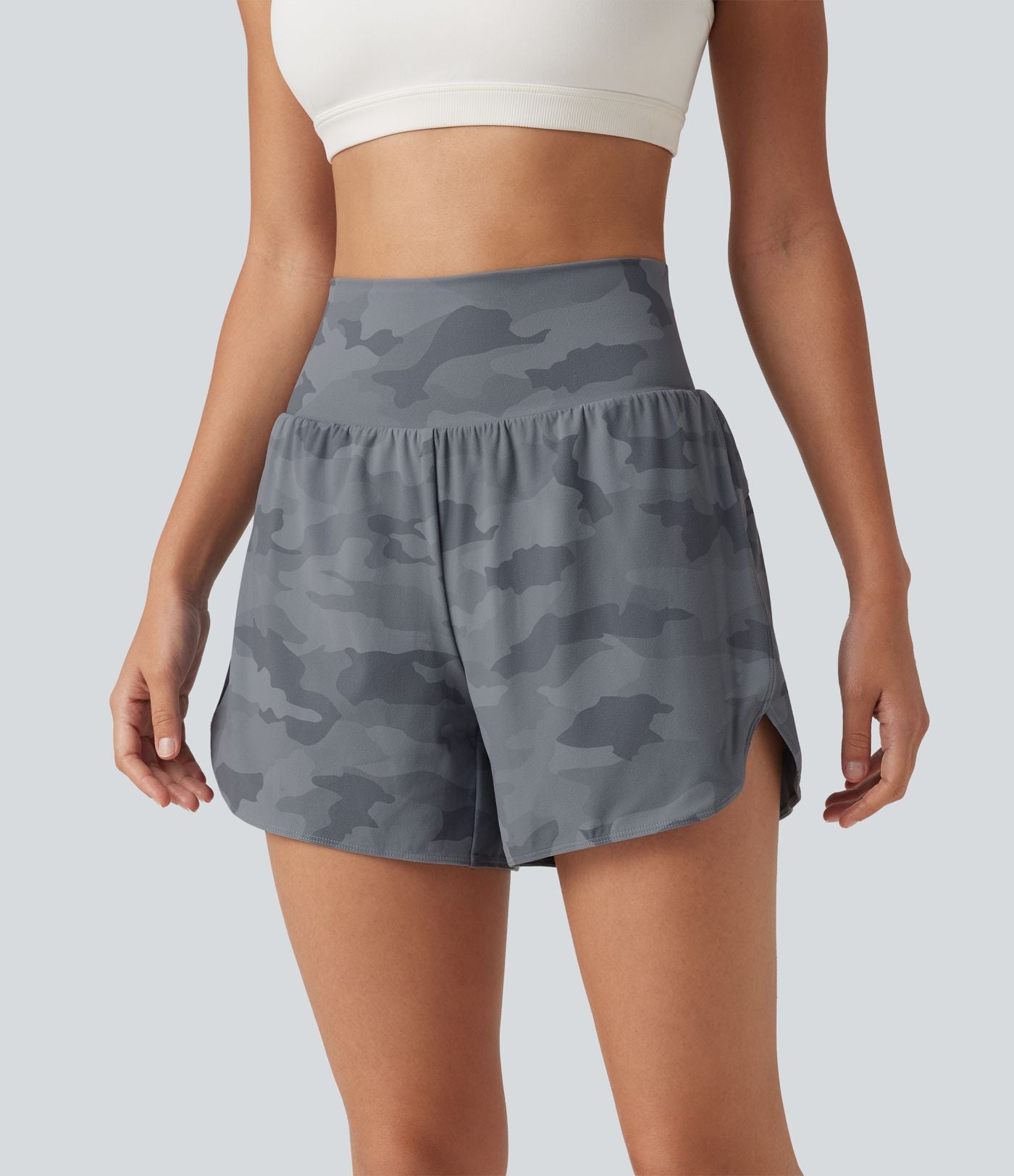 Short de running 2 en 1 Halara UltraSculpt™ gainant imprimé camouflage, taille haute, ourlet incurvé, 10 cm, avec poche