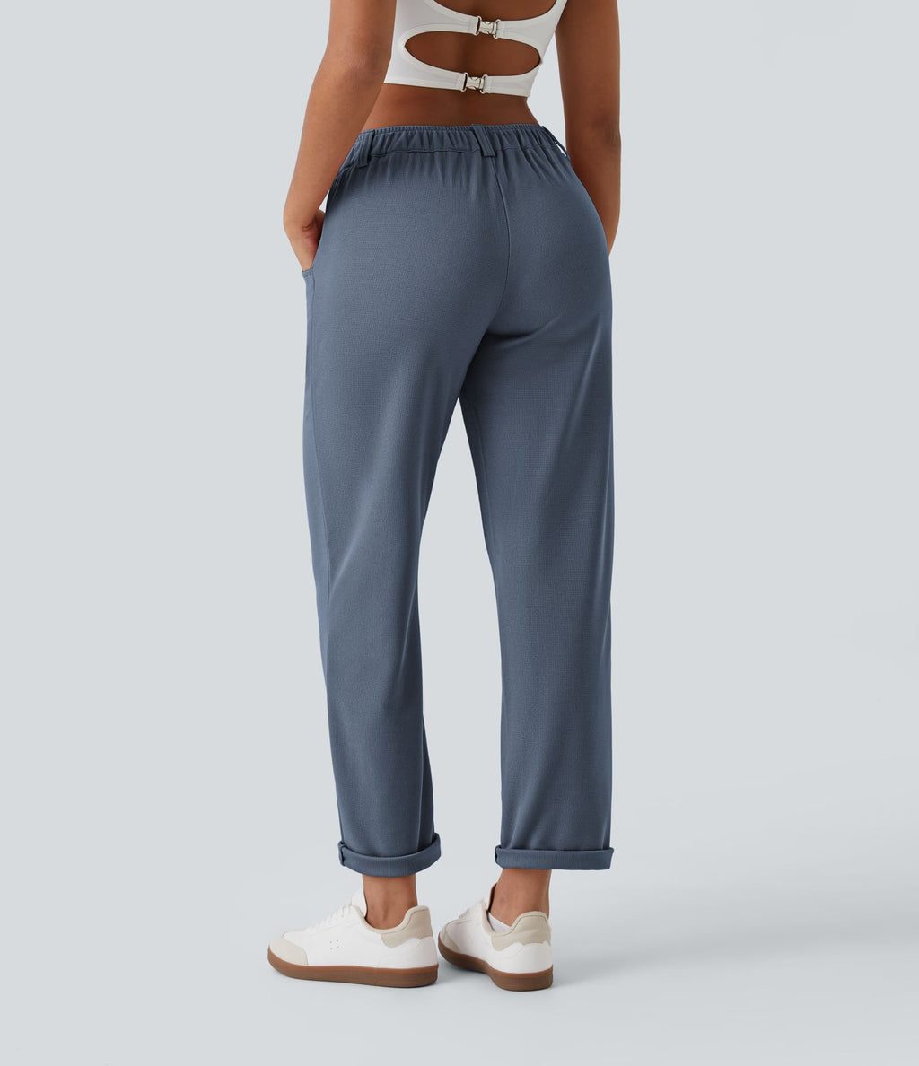 Pantalon casual taille mi-haute en maille gaufrée avec poche zippée