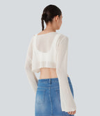 Pull décontracté transparent crop top encolure arrondie avec manches volantées