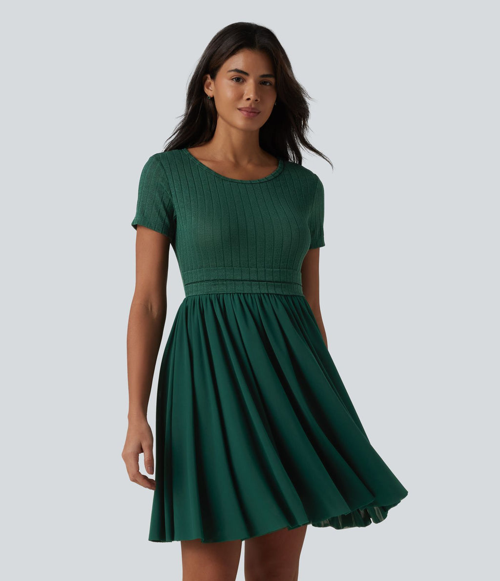 Robe casual mini fluide col rond à manches courtes avec mesh contrasté