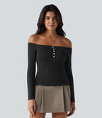 T-shirt casual ultra-ajusté côtelé épaules dénudées à manches longues avec soutien-gorge intégré