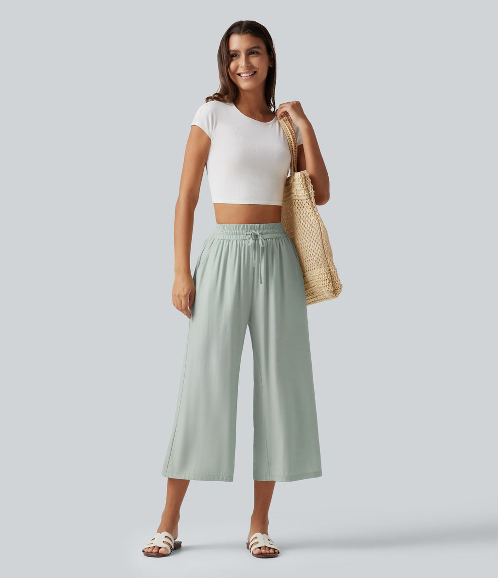 Pantalon large court taille haute en lin mélangé avec cordon de serrage et poches