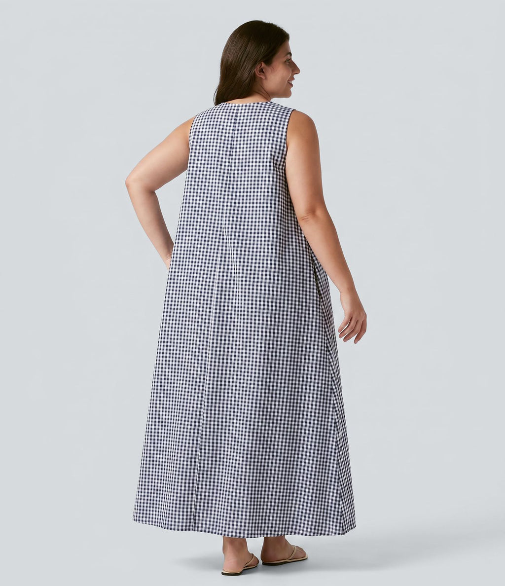 Robe débardeur midi sans manches col rond en vichy froissé grande taille à poches