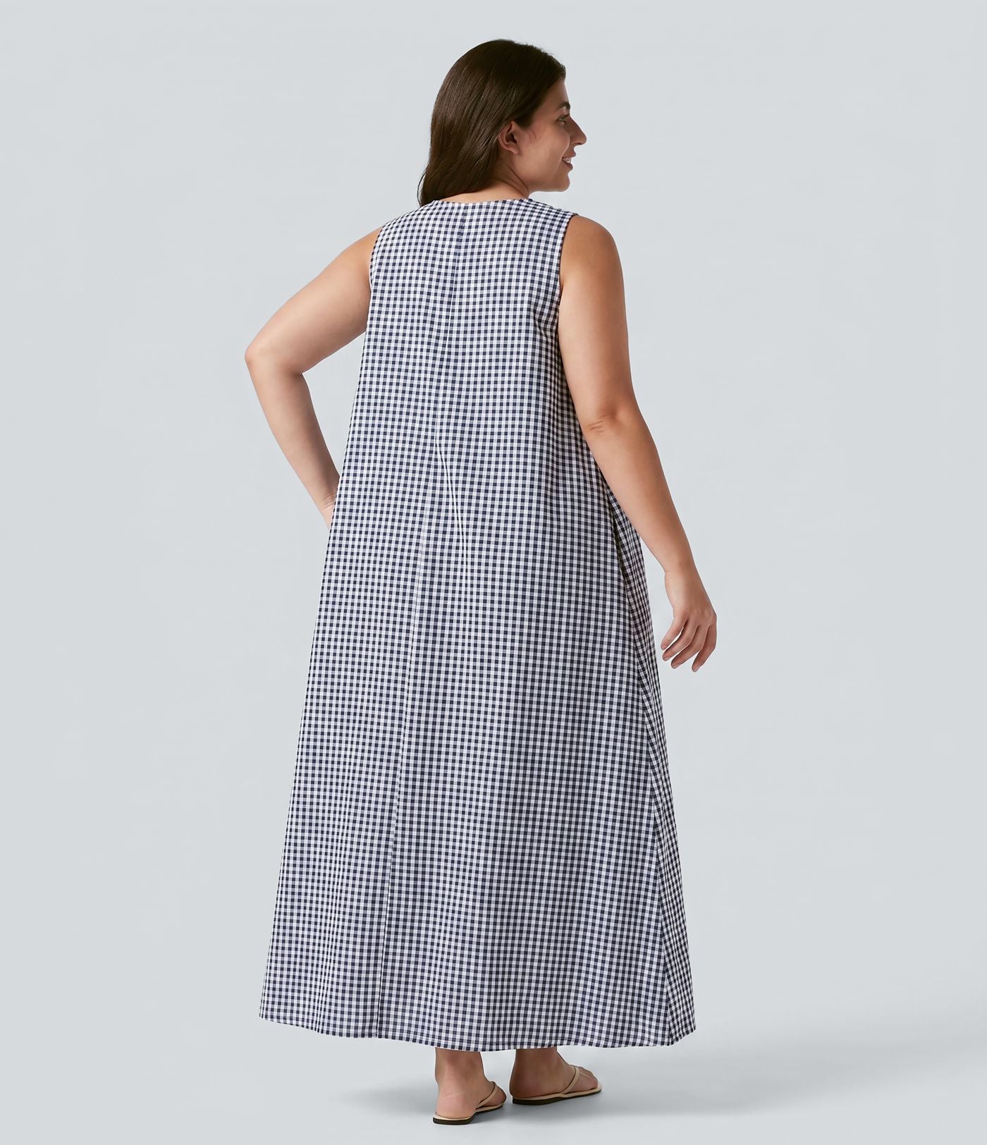 Robe débardeur midi sans manches col rond en vichy froissé grande taille à poches