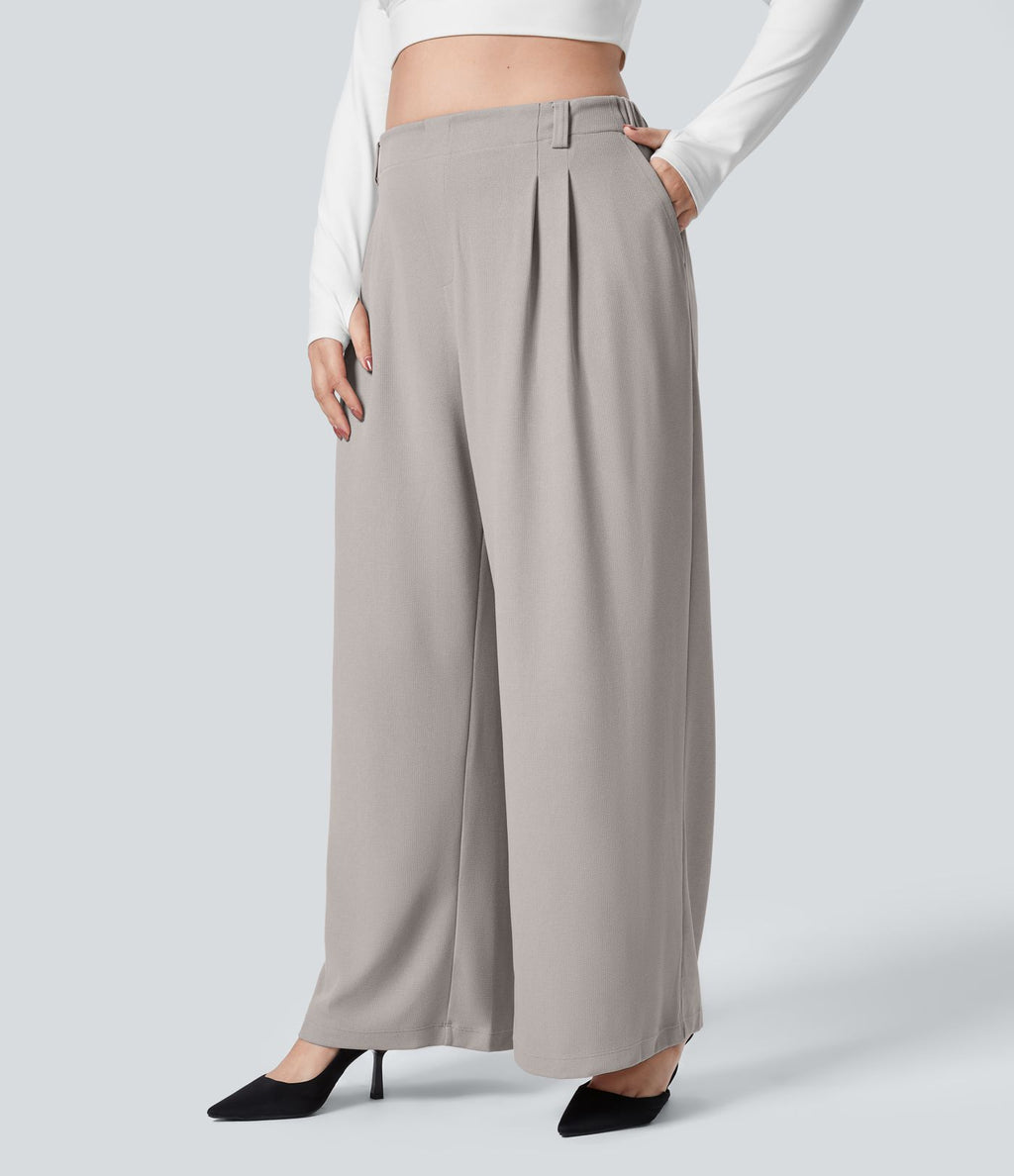 Halara Flex™ Pantalon tailleur Grande taille à Taille Haute, Poches Latérales Plissées, Jambes Larges, en Tissu Gaufré