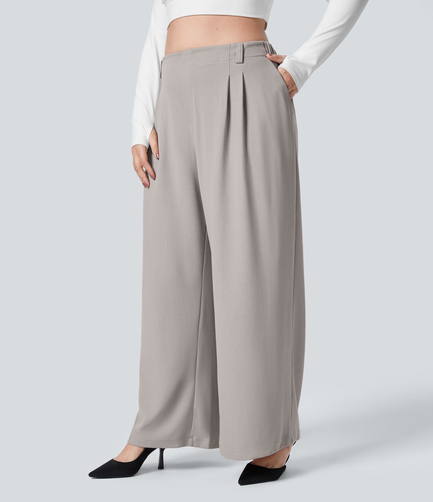 Halara Flex™ Pantalon tailleur Grande taille à Taille Haute, Poches Latérales Plissées, Jambes Larges, en Tissu Gaufré
