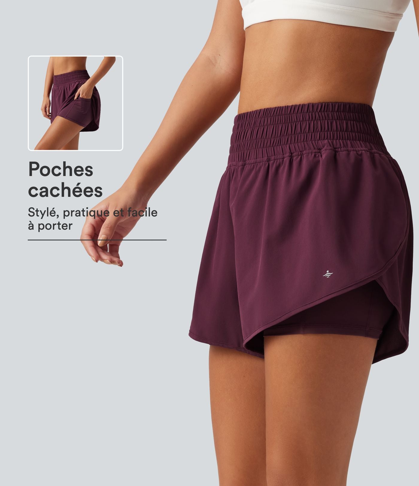 Short de running 2-en-1 Breezeful™ taille haute à ourlet croisé arrondi, séchage rapide, poches, 7,5 cm