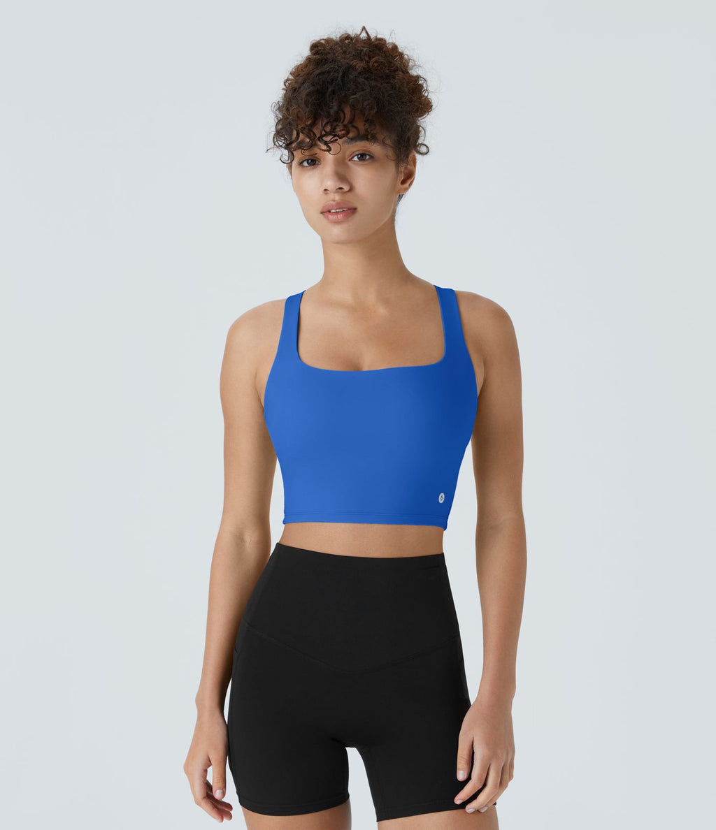 Débardeur yoga court SoftlyZero™ Airy col carré dos nu bretelles croisées effet frais InstantCool, bonnets A-C, protection solaire UPF50+
