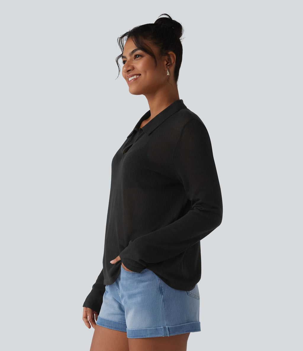 Pull casual en lyocell et lin à col polo et manches longues