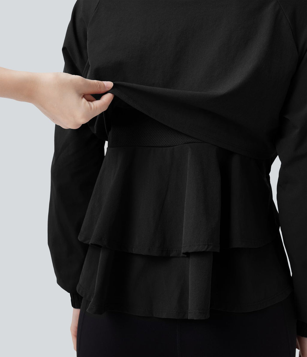 Veste cape d'entraînement à capuche amovible avec cordon de serrage, mesh contrastant et ourlet à volants avec poche