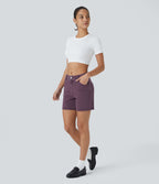 Halara Flex™ Short Casual 12,5cm en Denim Tricoté Extensible Coloré avec Bouton et Fermeture Éclair à Taille Moyenne et Plusieurs Poches