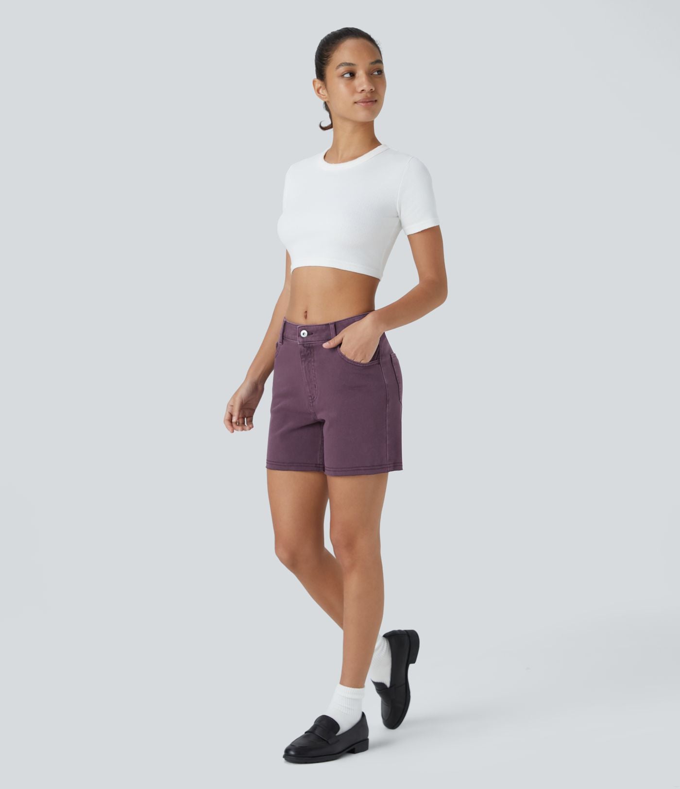 Halara Flex™ Short Casual 12,5cm en Denim Tricoté Extensible Coloré avec Bouton et Fermeture Éclair à Taille Moyenne et Plusieurs Poches