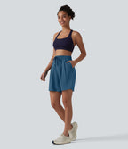 Short de yoga plissé taille haute avec ceinture élastique, cordon de serrage et poches 17,5 cm
